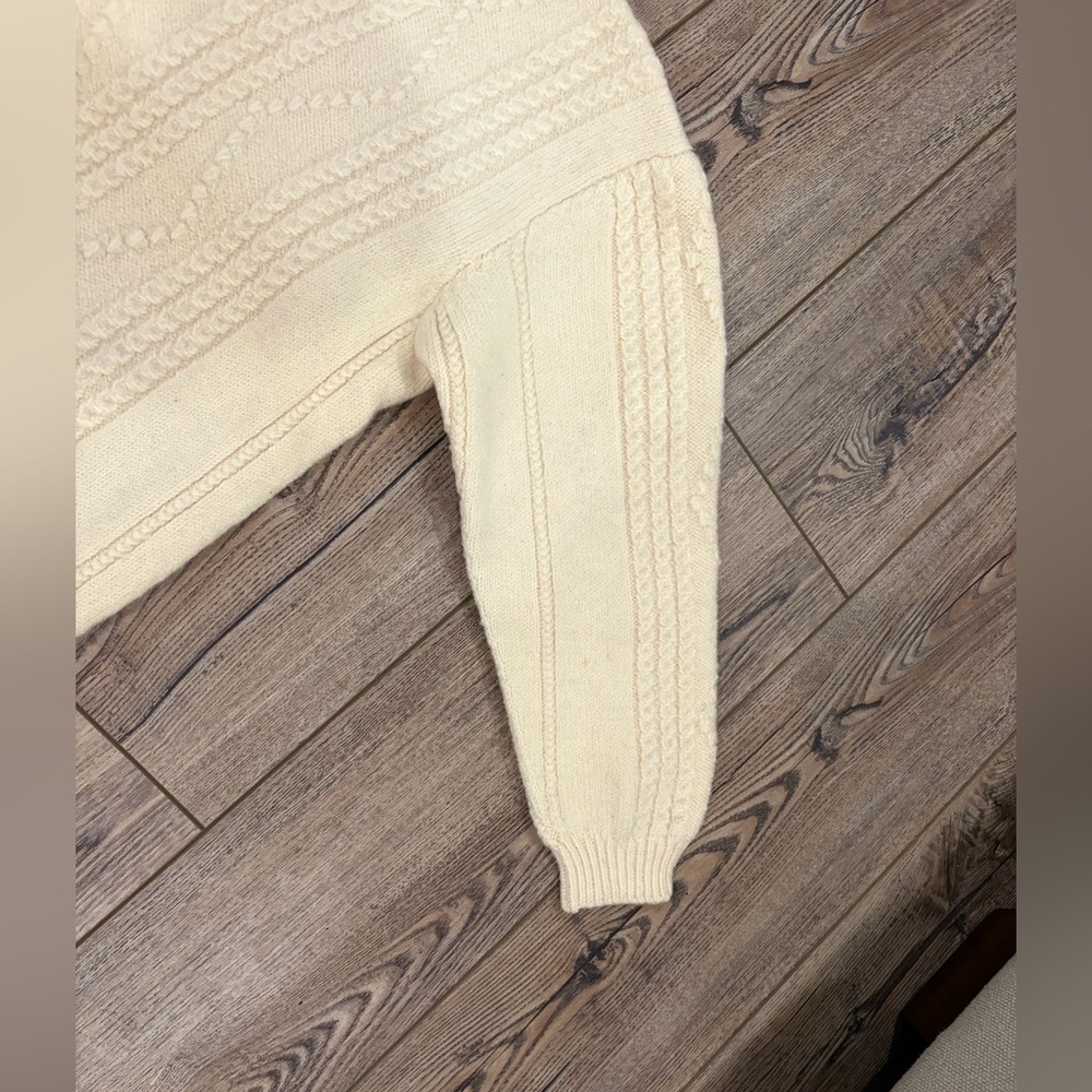 Handmade Cream Cable-Knit Wool Sweater • Heavy Chunky Knit • V-Neck - Picture 4 of 8